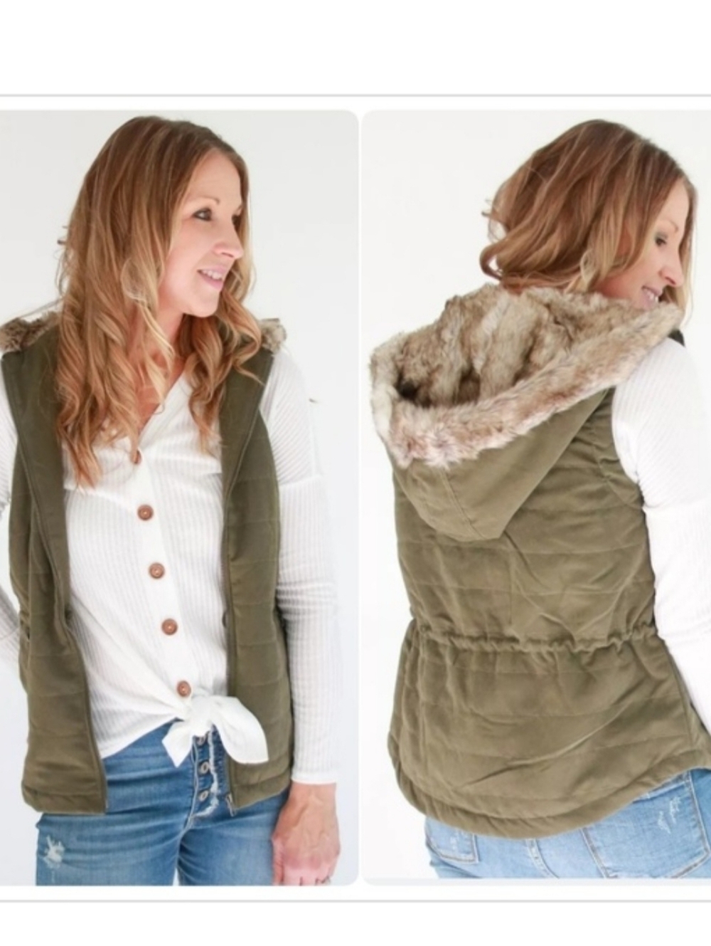 Jack‎ By BB Dakota Hey-Ya Hooded Vest sz M Green Faux Fur Zip